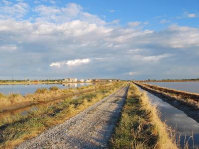 Dirt road between salt lakes under a cloudy sky.